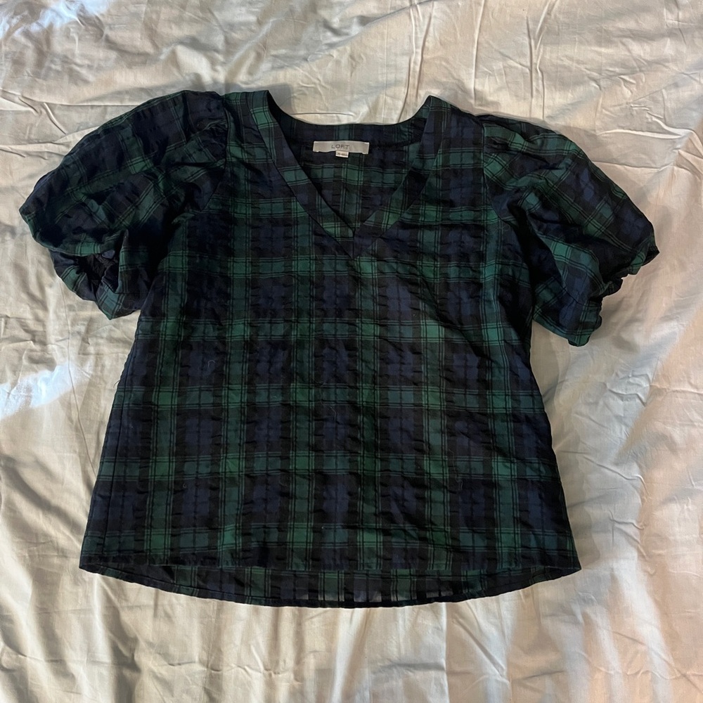 Loft Puff Sleeve Plaid Blouse, Size XS
